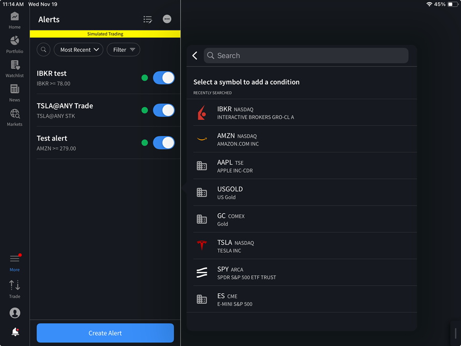 The search alert symbol on the ipad